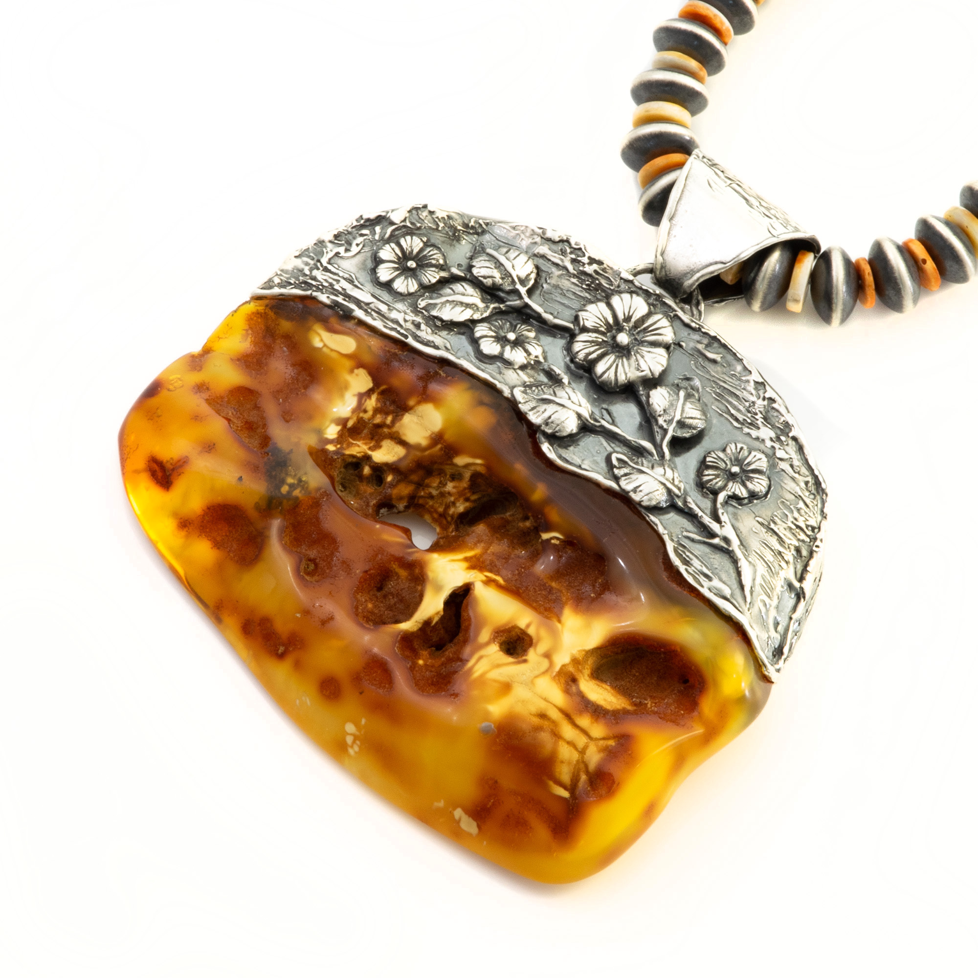 Natural Baltic Amber Pendant with Flowers and Houses 1